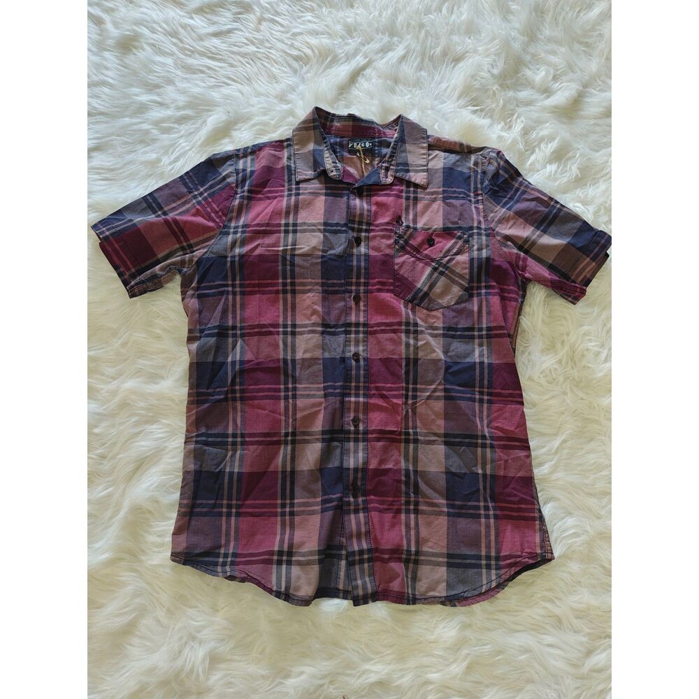 Volco Purple Plaid Button-Up Short Sleeved Top, Size XL